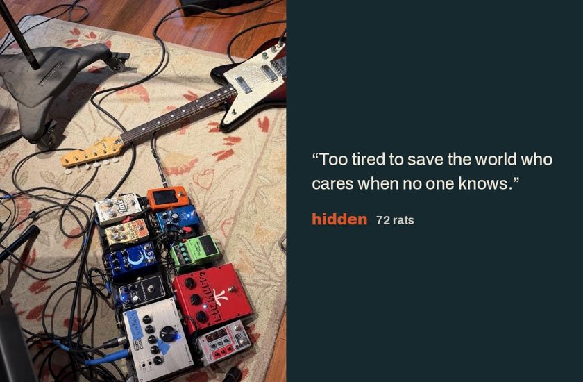 Hidden — 72 Rats, lyric still over a pedalboard and guitar