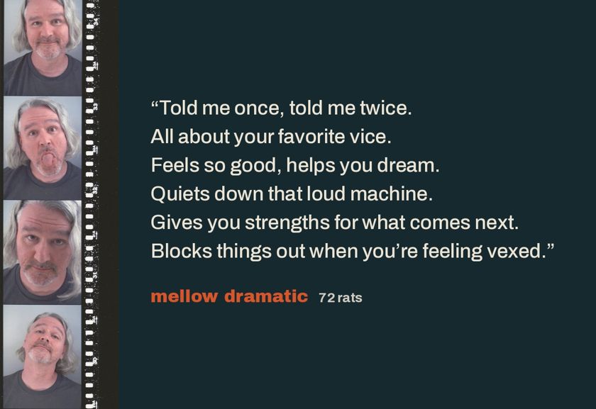 Mellow Dramatic — 72 Rats, lyric still over a photo-booth strip